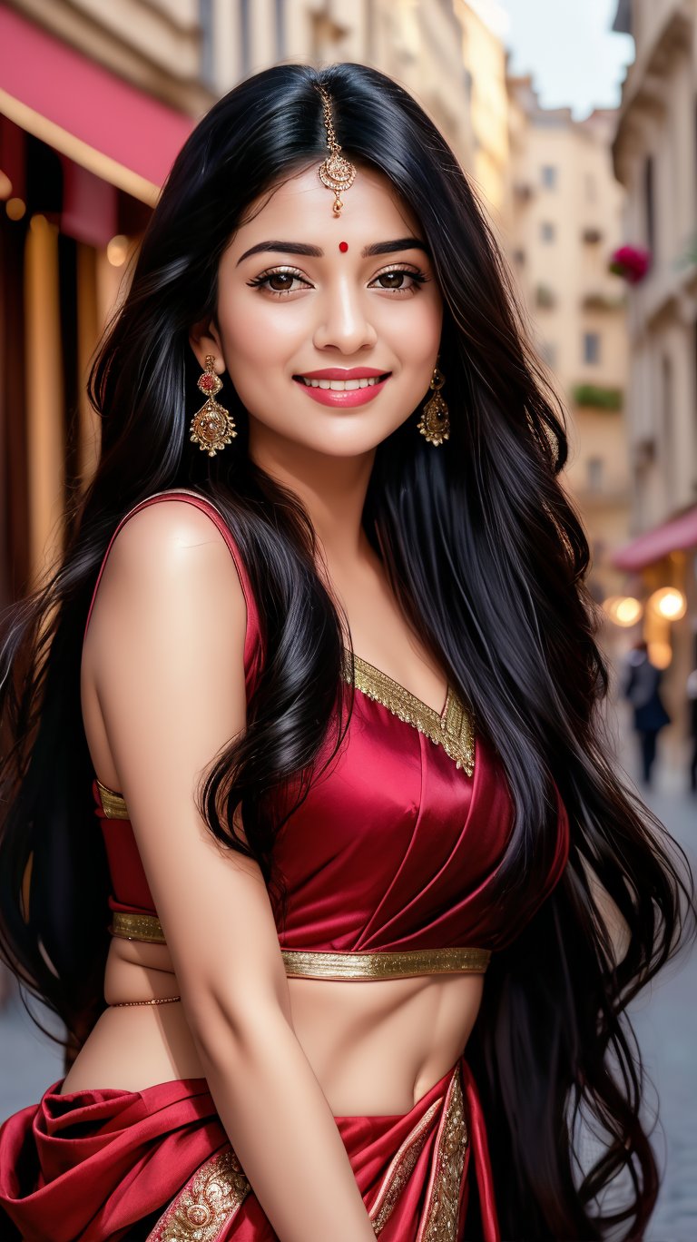 In a nostalgic European street setting, bathed in soft, warm light with a subtle lens filter, a stunning Indian beauty, reminiscent of iconic actresses Madhubala and Vyjayanthimala, breaks into a radiant smile. Her long, shiny black locks cascade down her back like a waterfall of night. Her eyes sparkle with joy, shining at the notion of being asked to be someone's Valentine. She holds a rose in her hand, still reeling from a romantic date. Framed by a retro-style composition, this 25-year-old beauty exudes happiness and love, radiating an atmosphere of tender vulnerability.