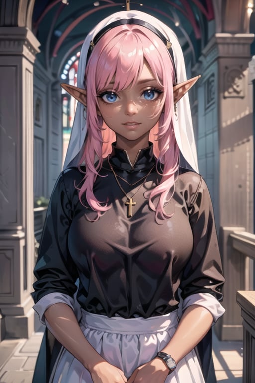 solo, Beautiful, girl, elf ,dark-skinned_female, pink hair, blue eyes,,darkelf,dark_elf,  teeth, necklace, evil smile, realistic, frame the head, watch, eye makeup, detailed eyes, detailed face,
nun, church,
 masterpiece, best quality, ultra high res, ultra detailed, face focus, sharp focus, 16k, ultra fine picture, photorealistic, realistic, perfect anatomy, front view:1.3