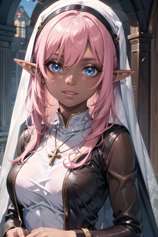 solo, Beautiful, girl, elf ,dark-skinned_female, pink hair, blue eyes,,darkelf,dark_elf,  teeth, necklace, evil smile, realistic, frame the head, watch, eye makeup, detailed eyes, detailed face,
nun, church,
 masterpiece, best quality, ultra high res, ultra detailed, face focus, sharp focus, 16k, ultra fine picture, photorealistic, realistic, perfect anatomy,