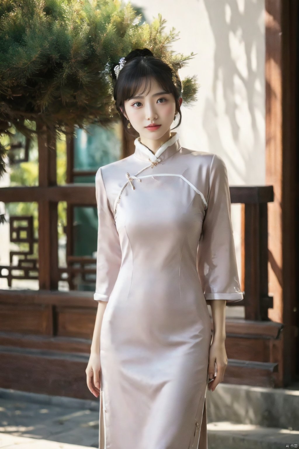 (global illumination, reality,ray tracing, HDR, unreal rendering, reasonable design, high detail, masterpiece,best quality, ultra high definition, movie lighting),
1girl,outdoor,looking_at_viewer,side_blunt_bangs,china_dress,chinese_style,big breasts,pose,solo,1girl,black hair,black eyes, ,xieshi, qipao