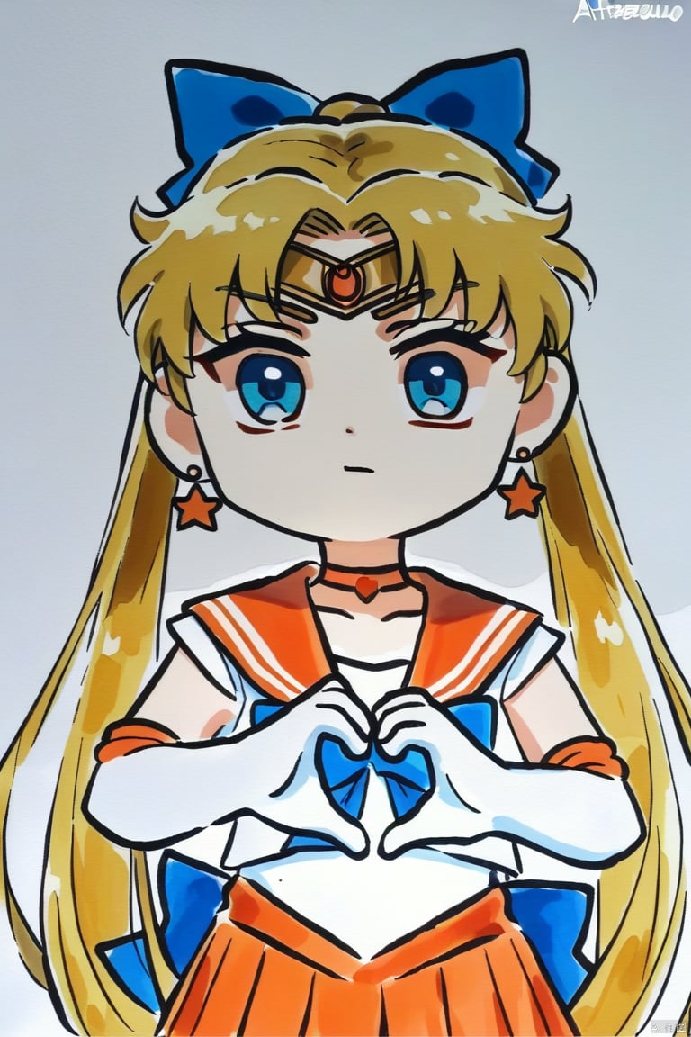  chibi, score_9,score_8_up,score_7_up,score_6_up,score_5_up,score_4_up,1girl,sailor venus,masterpiece,best quality,very aesthetic,absurdres,aavenus,long hair,blonde hair,hair bow,tiara,blue eyes,earrings,orange choker,collarbone,orange sailor collar,blue bowtie,white shirt,white leotard,elbow gloves,white gloves,pleated skirt,orange skirt,heart hands,traditional media,watercolor,