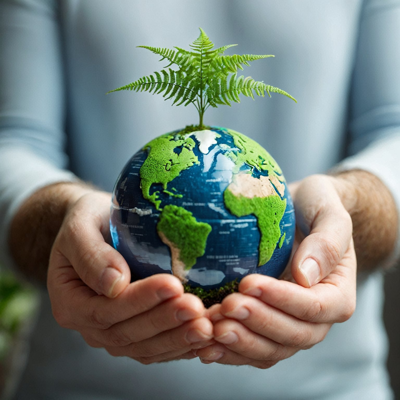 (best quality,8K,highres,masterpiece), ultra-detailed, tree planting, a person holding a small green earth globe in their hands with a fern growing out of it