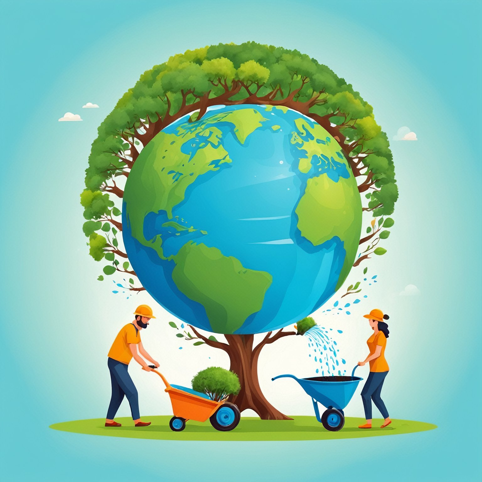 (best quality,8K,highres,masterpiece), ultra-detailed, tree planting, vector illustration, a man and woman are watering water on a earth globe with trees and a man pushing a wheelbarrow