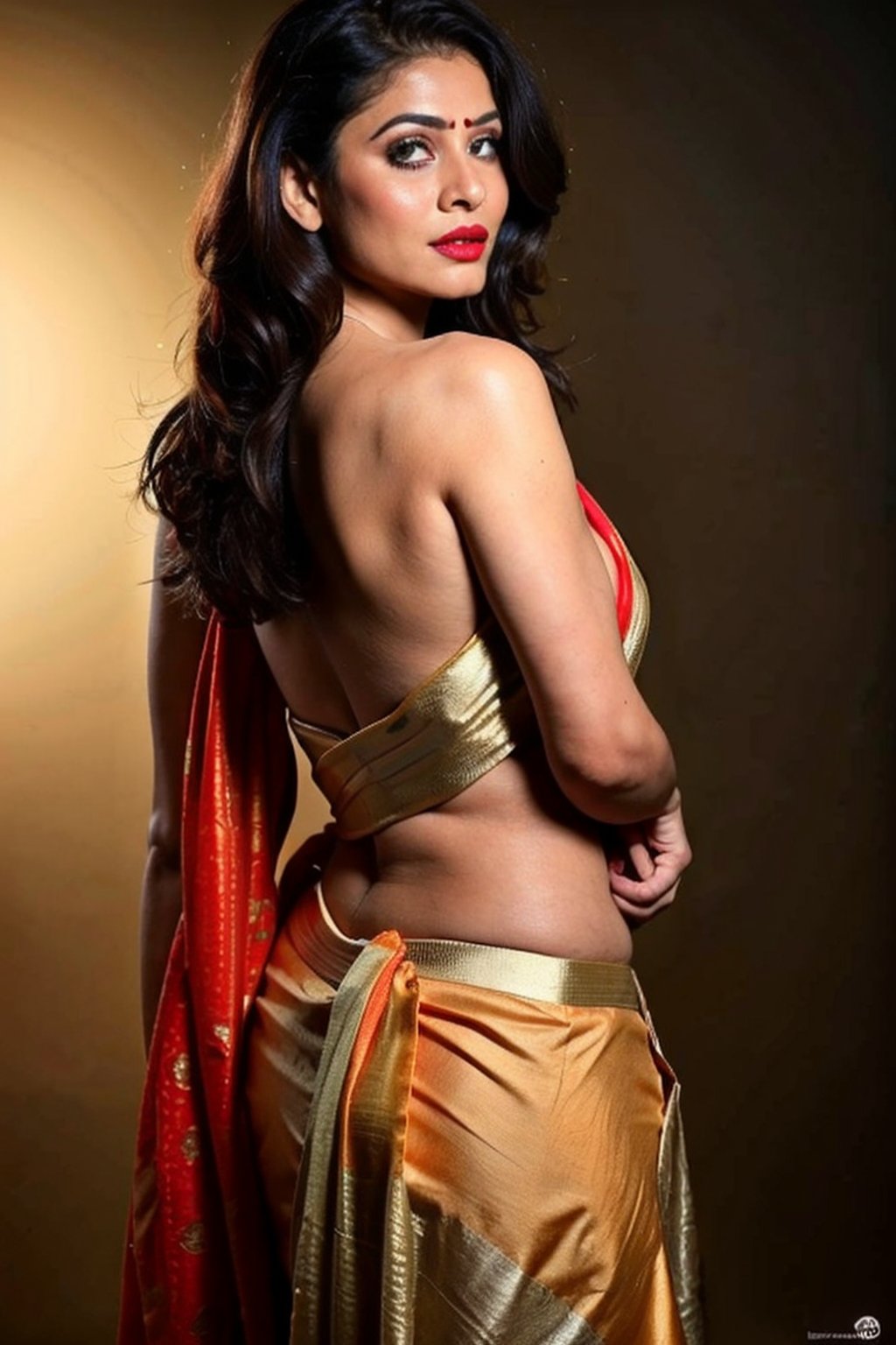 Sexy woman, busty, designer blouseless sari, Upper body,  (long shot):1.4, suspense emotion, realistic face, lipstick, spotlight lighting at back, realistic skin, volumetric lighting,fog at the background, realism