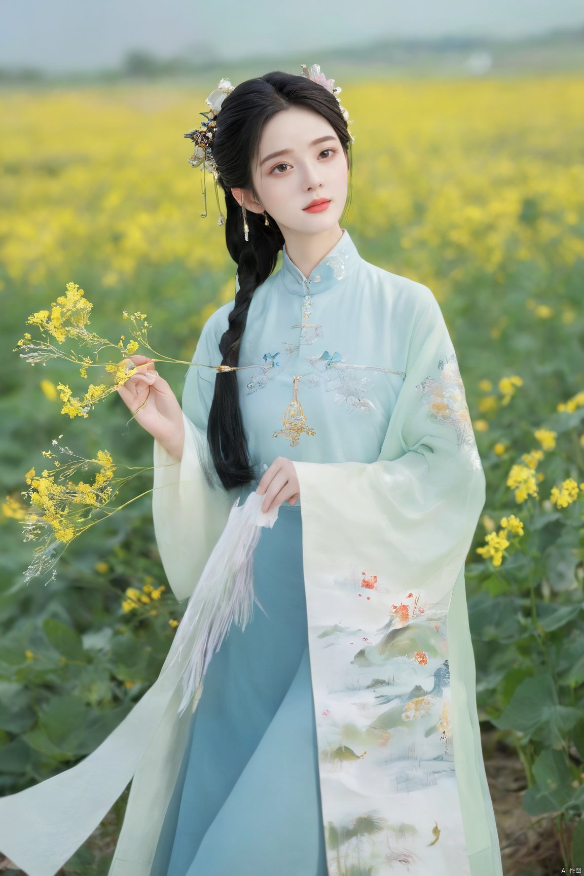  Enhanced, masterpiece, 16K, girl, Solo, Flower Field, rape flower, (\meng ze\), yue , hair ornament , hanfu,(big breasts:1.59), ming_hanfu