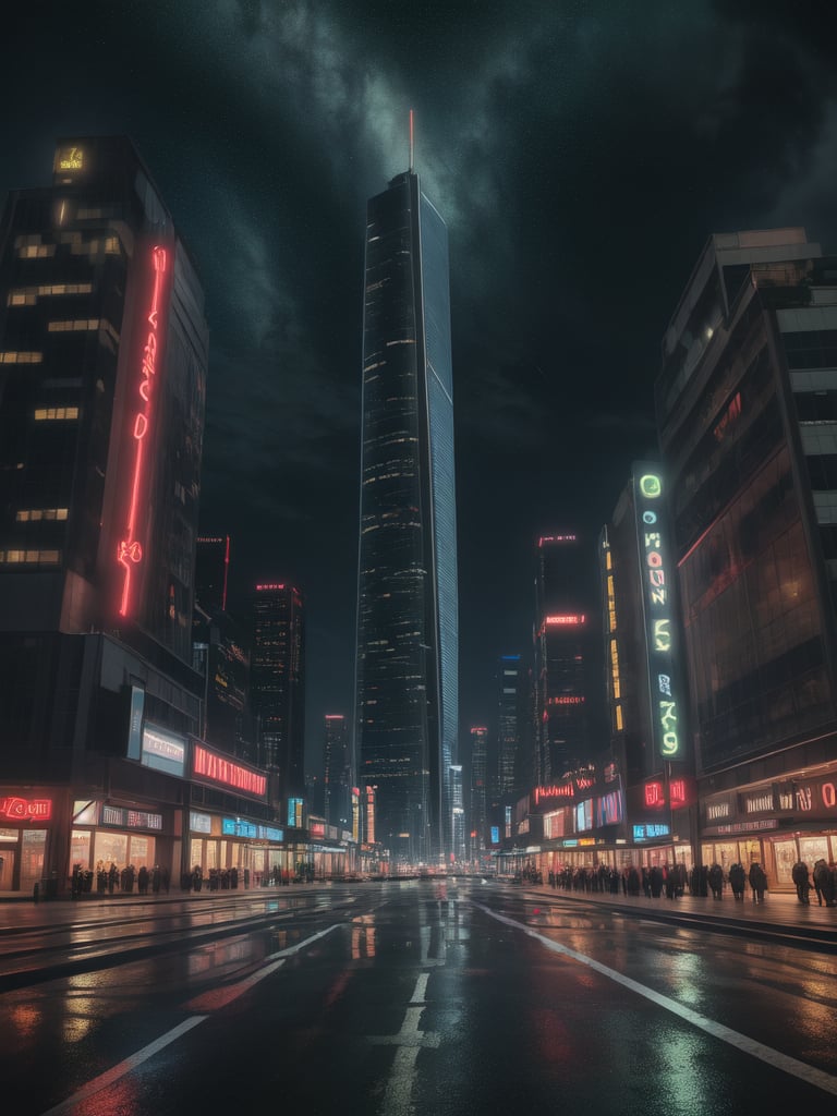 (masterpiece, high quality:1.5), (8K, HDR, highres, ultra-detailed), A photorealistic futuristic cityscape with towering glass buildings, neon lights, flying cars, glowing signs, bustling streets, under a dark, starry sky