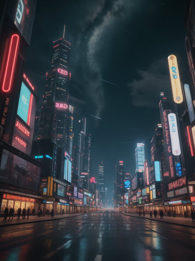 masterpiece, best quality, 4k, 8k, highres, ultra-detailed, A photorealistic futuristic cityscape with towering glass buildings, neon lights, flying cars, glowing signs, bustling streets, under a dark, starry sky