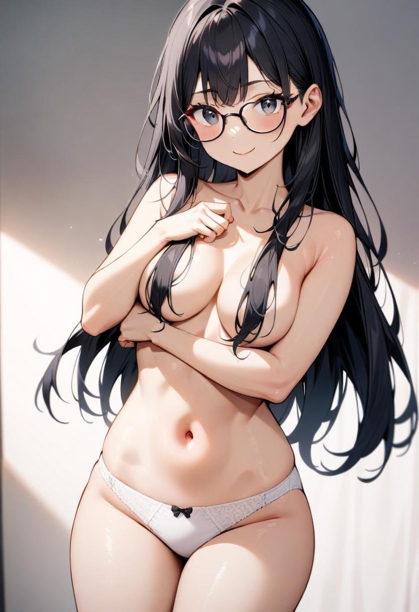 masterpiece, best quality, very aesthetic, absurdres,1girl, hair over breasts, underwear, panties, long hair, hair censor, topless, black hair, glasses, navel, black eyes, underwear only, smile, medium breasts<lora:hair_over_the_breasts_SDXL_V1:0.8>