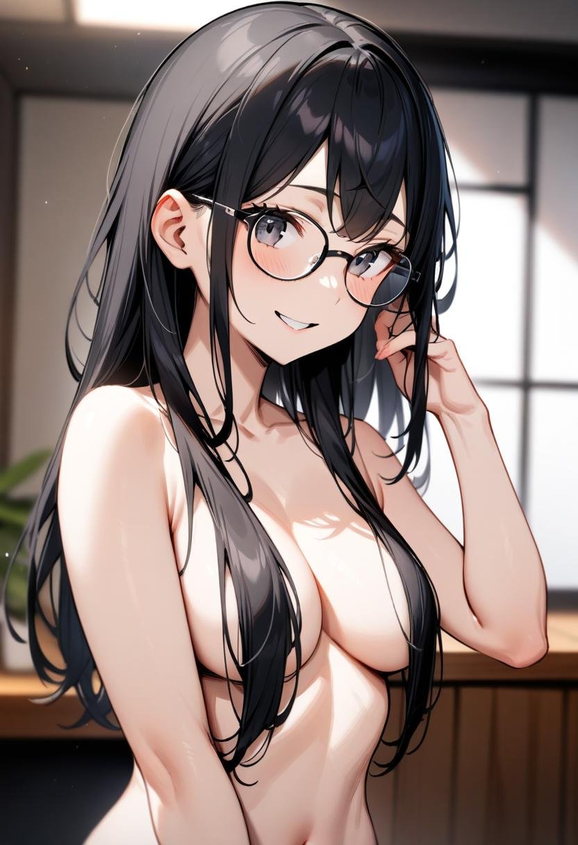 masterpiece, best quality, very aesthetic, absurdres,1girl, hair over breasts, long hair, hair censor, topless, black hair, glasses, black eyes, smile, medium breasts, upper body,<lora:hair_over_the_breasts_SDXL_V1:0.8>