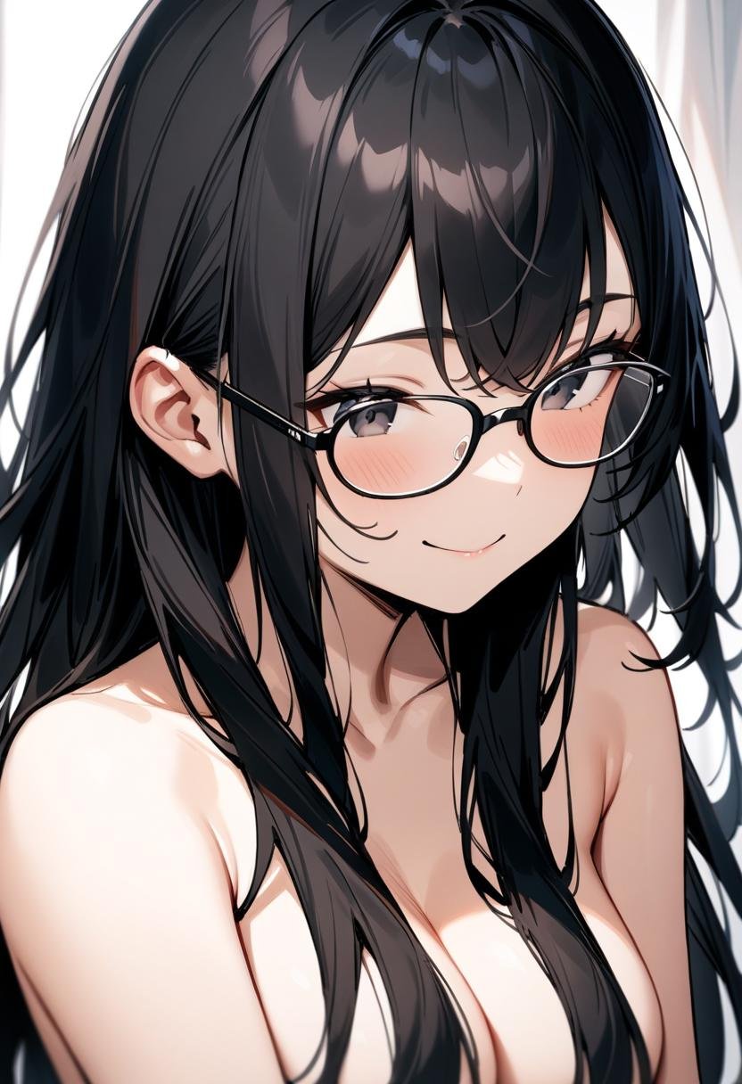 masterpiece, best quality, very aesthetic, absurdres,1girl, hair over breasts, long hair, hair censor, topless, black hair, glasses, black eyes, smile, medium breasts, upper body,<lora:hair_over_the_breasts_SDXL_V1:0.8>