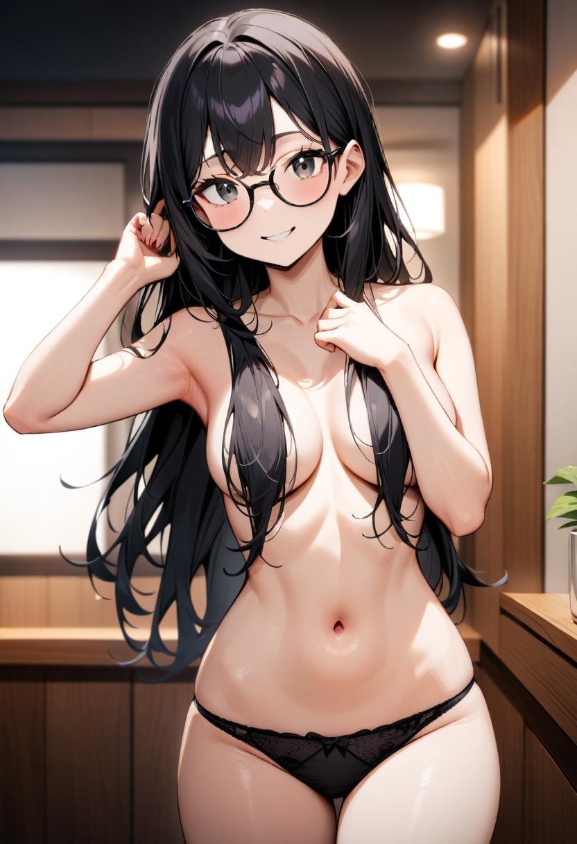 masterpiece, best quality, very aesthetic, absurdres,1girl, hair over breasts, underwear, panties, long hair, hair censor, topless, black hair, glasses, navel, black eyes, underwear only, smile, medium breasts<lora:hair_over_the_breasts_SDXL_V1:0.8>