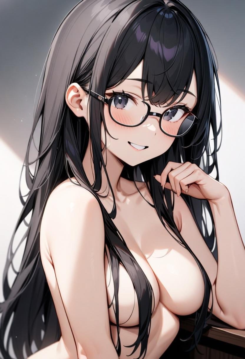 masterpiece, best quality, very aesthetic, absurdres,1girl, hair over breasts, long hair, hair censor, topless, black hair, glasses, black eyes, smile, medium breasts, upper body,<lora:hair_over_the_breasts_SDXL_V1:0.8>