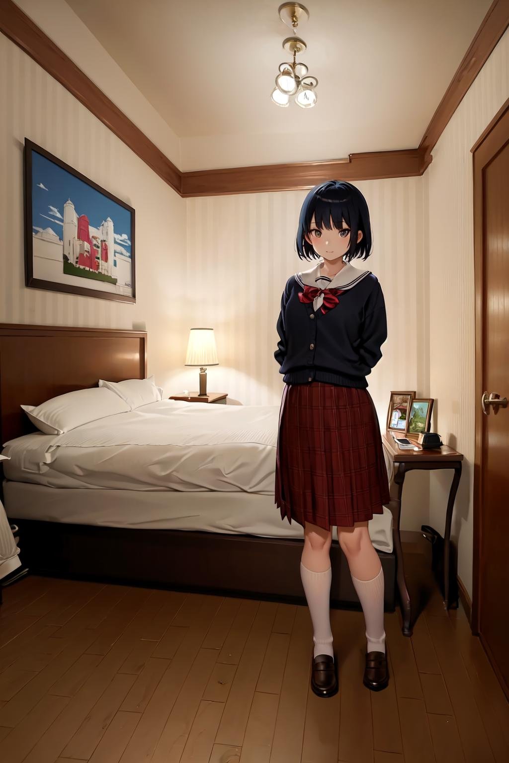 masterpiece, best quality, ultra-detailed, illustration,lovehotel, scenery, lamp, curtains, bed, indoors, bedroom, wooden floor, table, carpet, door, pillow, chair, rug,1girl,solo, school uniform, full body, <lora:lovehotelV4:0.6>