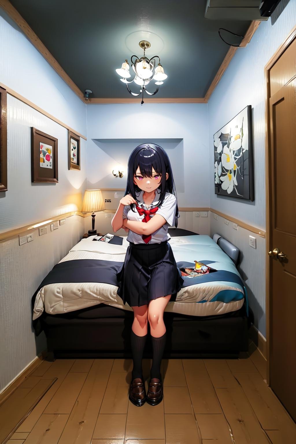 masterpiece, best quality, ultra-detailed, illustration,lovehotel, scenery, lamp, curtains, bed, indoors, bedroom, wooden floor, table, carpet, door, pillow, chair, rug,1girl,solo, school uniform, full body, <lora:lovehotelV4:0.8>