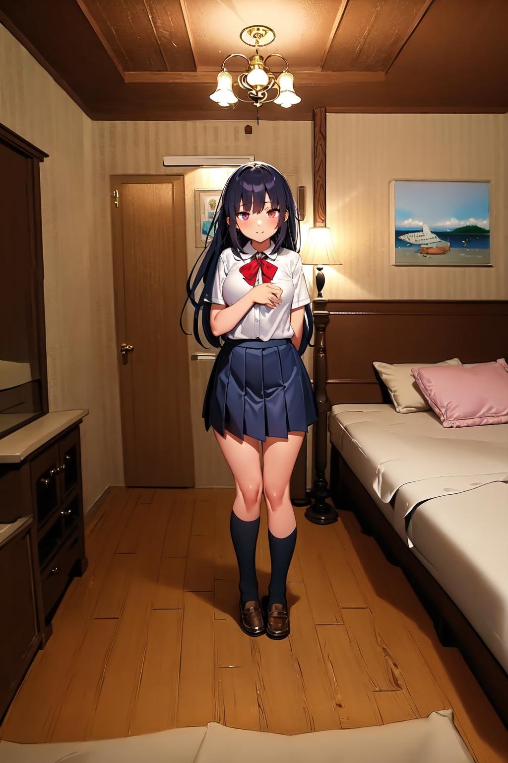 masterpiece, best quality, ultra-detailed, illustration,lovehotel, scenery, lamp, curtains, bed, indoors, bedroom, wooden floor, table, carpet, door, pillow, chair, rug,1girl,solo, school uniform, full body, <lora:lovehotelV4:0.6>