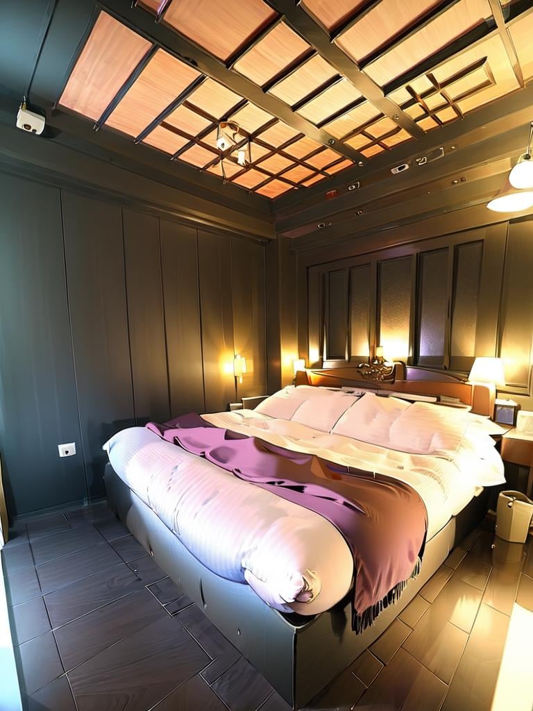 masterpiece, best quality, ultra-detailed, illustration,(1girl:1.4), solo, school uniform, school bag,lovehotel, lamp, bed, indoors,  wooden floor, table, carpet, door, pillow, couch,  nightpanel,<lora:lovehotelV42:1>