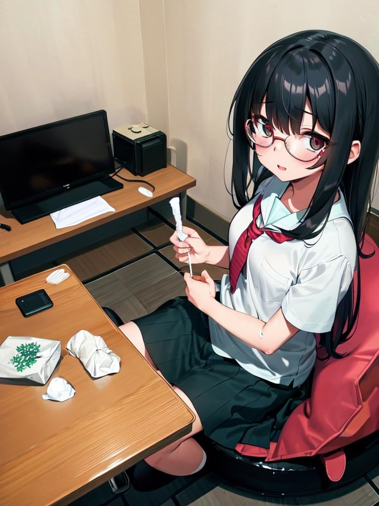 masterpiece, best quality, ultra-detailed, extremely detailed, illustration,1girl, solo, glasses, black hair, long hair,  school uniform,  school bag,  lovehotel, LHbedpanel, bed, pillow, table, couch, indoors, phone, tissue box, tissue,<lora:LoveHotelV5:0.8>