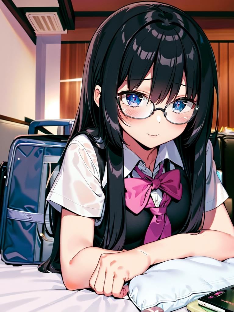 masterpiece, best quality, ultra-detailed, extremely detailed, illustration,1girl, solo, glasses, black hair, long hair,  school uniform,  school bag,  lovehotel, LHbedpanel, bed, pillow, table, couch, indoors, phone, tissue box, tissue, <lora:LoveHotelV5:0.8>