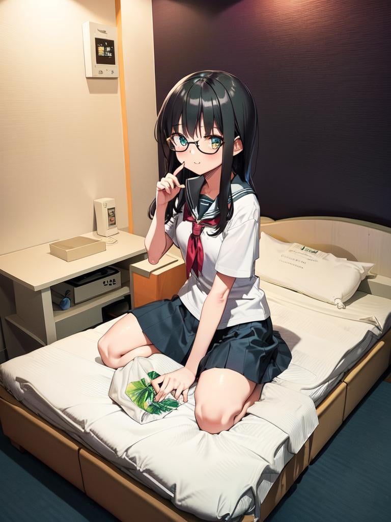 masterpiece, best quality, ultra-detailed, extremely detailed, illustration,1girl, solo, glasses, black hair, long hair,  school uniform,  school bag,  lovehotel, LHbedpanel, bed, pillow, table, couch, indoors, phone, tissue box, tissue,<lora:LoveHotelV5:0.8>