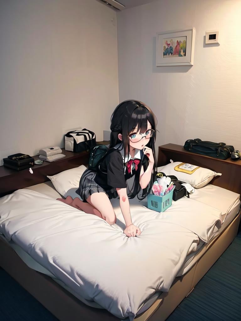 masterpiece, best quality, ultra-detailed, extremely detailed, illustration,1girl, solo, glasses, black hair, long hair,  school uniform,  school bag,  lovehotel, LHbedpanel, bed, pillow, table, couch, indoors, phone, tissue box, tissue,<lora:LoveHotelV5:0.8>