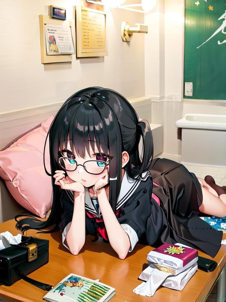 masterpiece, best quality, ultra-detailed, extremely detailed, illustration,1girl, solo, glasses, black hair, long hair,  school uniform,  school bag,  lovehotel, LHbedpanel, bed, pillow, table, couch, indoors, phone, tissue box, tissue, <lora:LoveHotelV5:1>