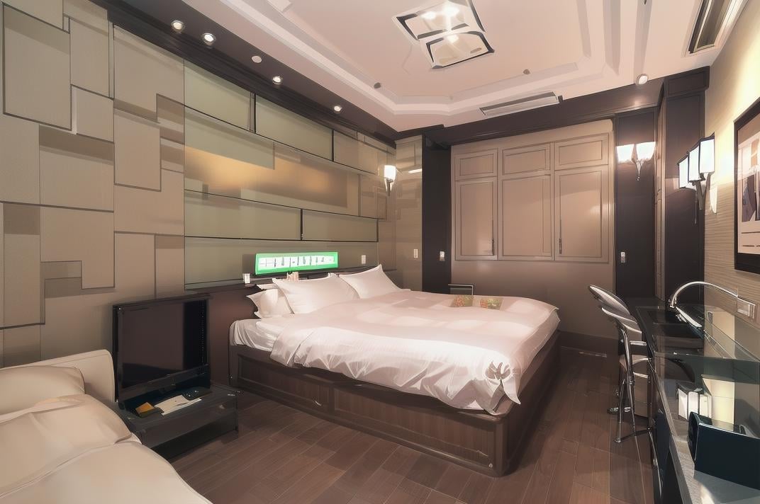 masterpiece, best quality, ultra-detailed, illustration,lovehotel, LHbedpanel, bed, indoors, scenery, lamp, bedroom, television, pillow, monitor, cabinet, light, window, door, table, wooden floor,  <lora:LoveHotelV7_1.0_MIDD:1>