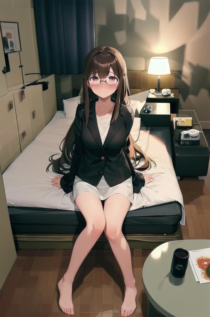 masterpiece, best quality, ultra-detailed, illustration,1girl, glasses, brown hair, long hair, embarrassed, sitting, suit,  black jacket, lovehotel, LHbedpanel, bed, indoors, scenery, lamp, bedroom, television, pillow, cabinet, light, door, table,  couch, wooden floor,  <lora:LoveHotelV7_1.0_MIDD_Resize_DIM8:1>