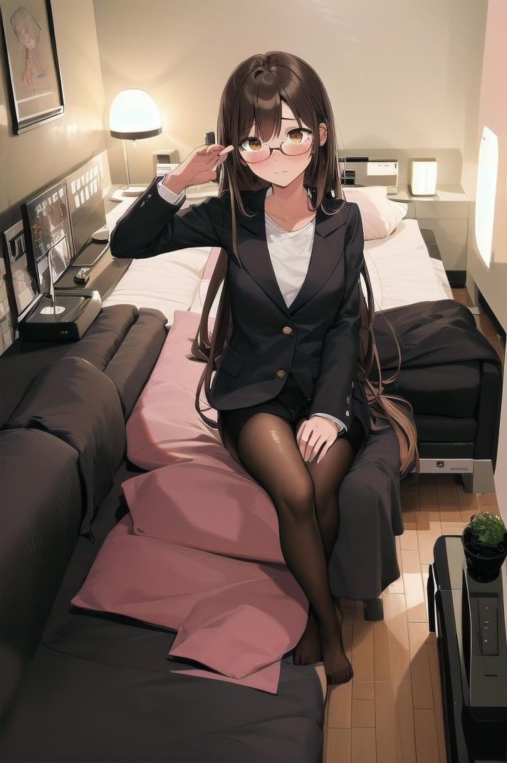 masterpiece, best quality, ultra-detailed, illustration,1girl, glasses, brown hair, long hair, embarrassed, sitting, suit,  black jacket, lovehotel, LHbedpanel, bed, indoors, scenery, lamp, bedroom, television, pillow, cabinet, light, door, table,  couch, wooden floor,  <lora:LoveHotelV7_1.0_MIDD_Resize_DIM8:1>