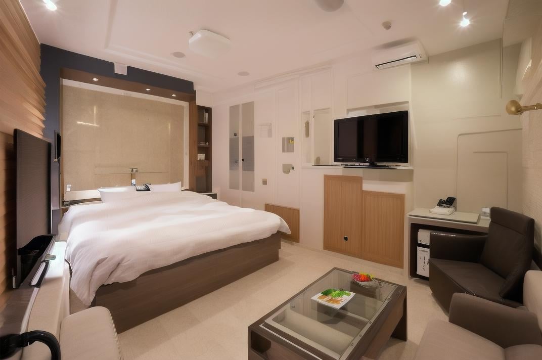 masterpiece, best quality, ultra-detailed, illustration,lovehotel, LHbedpanel, bed, indoors, scenery, lamp, bedroom, television, pillow, monitor, cabinet, light, window, door, table, wooden floor,  <lora:LoveHotelV7_1.0_MIDD:1>