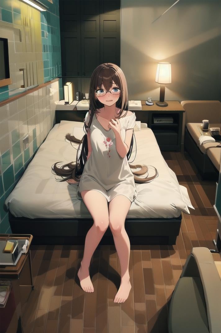 masterpiece, best quality, ultra-detailed, illustration,1girl, glasses, brown hair, long hair, embarrassed, sitting,lovehotel, LHbedpanel, bed, indoors, scenery, lamp, bedroom, television, pillow, cabinet, light, door, table,  couch, wooden floor,  <lora:LoveHotelV7_1.0_MIDD_Resize_DIM8:1>