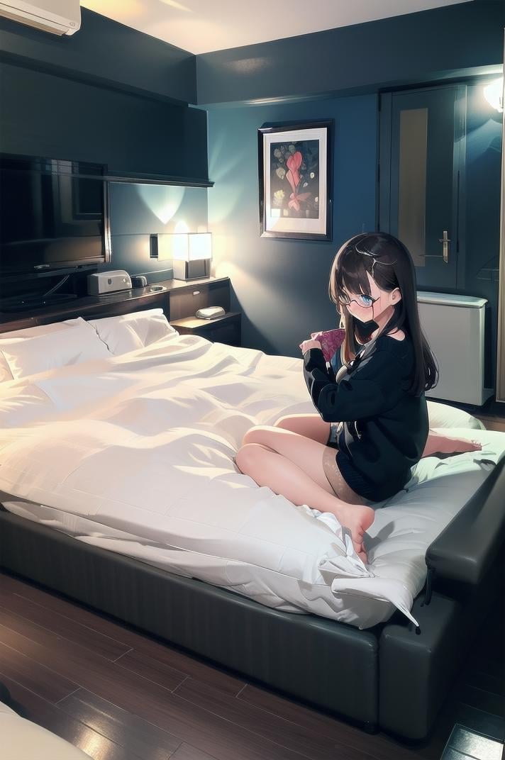 masterpiece, best quality, ultra-detailed, illustration,1girl, glasses, brown hair, long hair, embarrassed, sitting,lovehotel, LHbedpanel, bed, indoors, scenery, lamp, bedroom, television, pillow, cabinet, light, door, table,  couch, wooden floor,  <lora:LoveHotelV7_1.0_MIDD_Resize_DIM8:1>