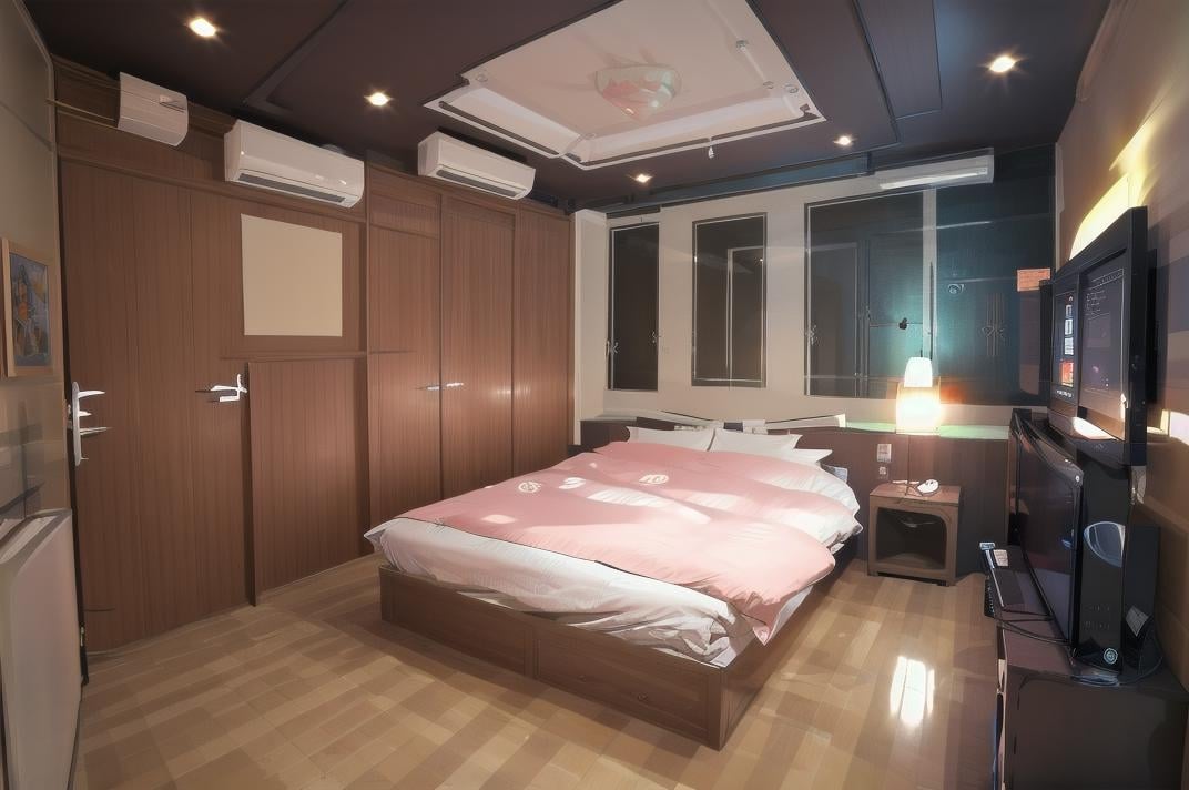 masterpiece, best quality, ultra-detailed, illustration,lovehotel, LHbedpanel, bed, indoors, scenery, lamp, bedroom, television, pillow, monitor, cabinet, light, window, door, table, wooden floor,  <lora:LoveHotelV7_1.0_MIDD:1>