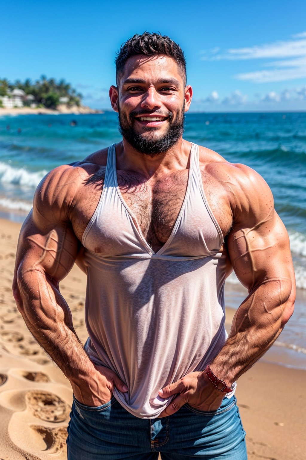 Rodrigo Cavalcanti, athletic body, hairy, muscular, sweaty, beach, daylight, hairy chest, large shoulders, face turned, looking at you, smirk, arrogant, beard, standing, open jeans, front view, sleeveless shirt, smile