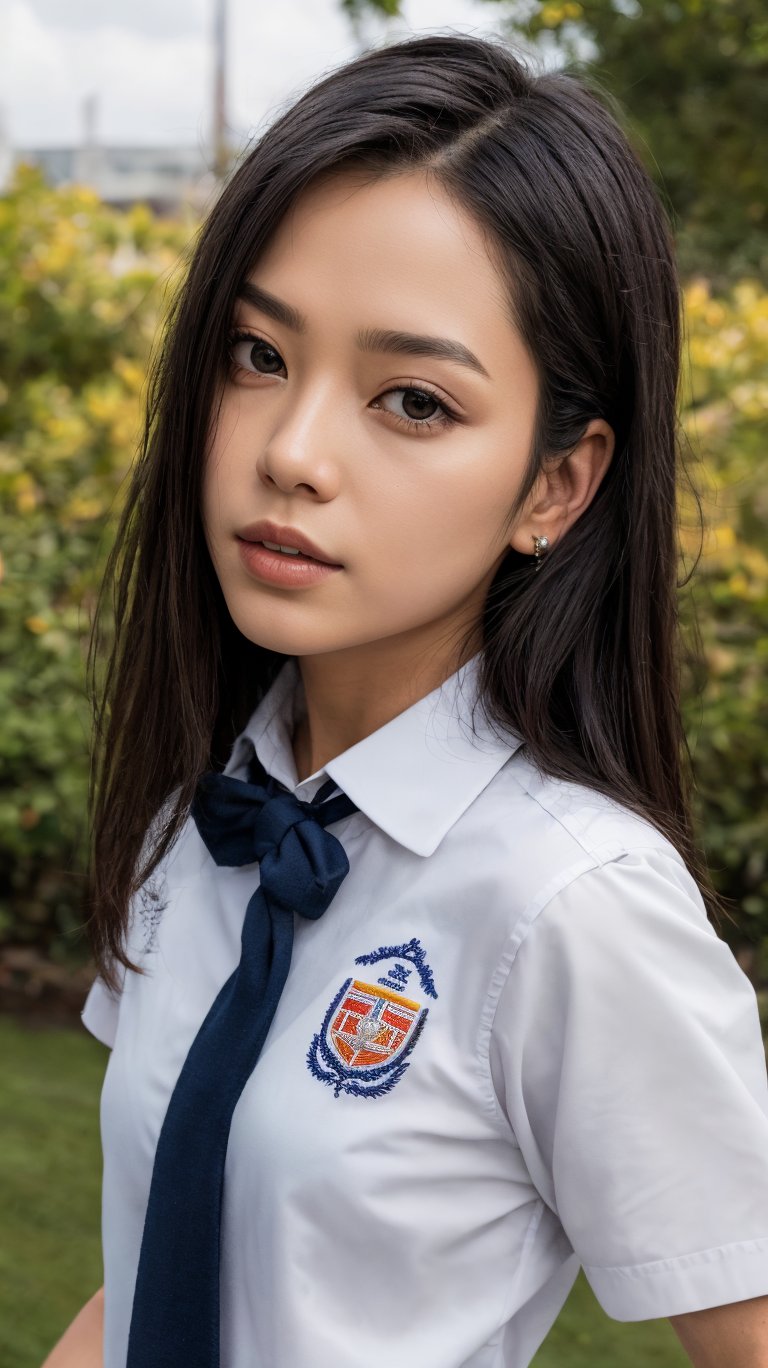 photo r3al, detailmaster2, masterpiece, photorealistic, 8k, 8k UHD, best quality, ultra realistic, ultra detailed, hyperdetailed photography, real photo, photorealistic, 8k, realistic eyes, detailed face, upper body, facing viewer, outdoors, bang, british school uniform, 1girl