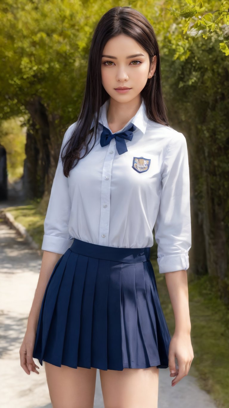 photo r3al, detailmaster2, masterpiece, photorealistic, 8k, 8k UHD, best quality, ultra realistic, ultra detailed, hyperdetailed photography, real photo, photorealistic, 8k, realistic eyes, detailed face, upper body, facing viewer, outdoors, bang, british school uniform, 1girl