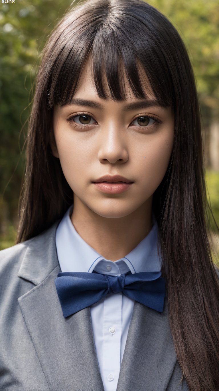 photo r3al, detailmaster2, masterpiece, photorealistic, 8k, 8k UHD, best quality, ultra realistic, ultra detailed, hyperdetailed photography, real photo, photorealistic, 8k, realistic eyes, detailed face, upper body, facing viewer, outdoors, bang, british school uniform,