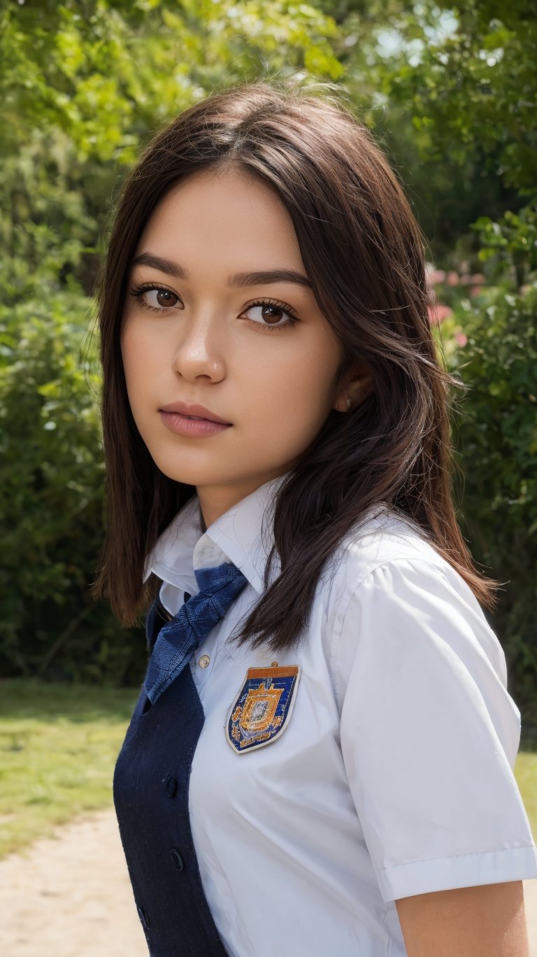 photo r3al, detailmaster2, masterpiece, photorealistic, 8k, 8k UHD, best quality, ultra realistic, ultra detailed, hyperdetailed photography, real photo, photorealistic, 8k, realistic eyes, detailed face, upper body, facing viewer, outdoors, bang, british school uniform,