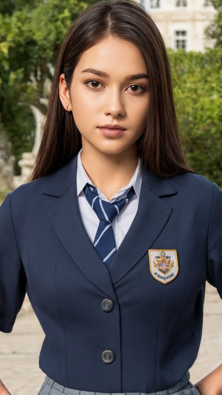 photo r3al, detailmaster2, masterpiece, photorealistic, 8k, 8k UHD, best quality, ultra realistic, ultra detailed, hyperdetailed photography, real photo, photorealistic, 8k, realistic eyes, detailed face, upper body, facing viewer, outdoors, bang, british school uniform,