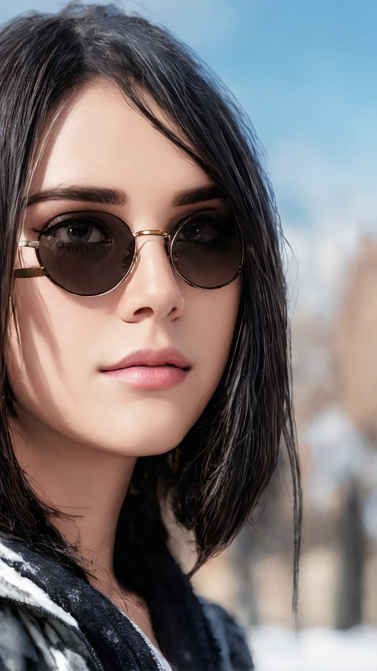 photo r3al, detailmaster2, masterpiece, photorealistic, 8k, 8k UHD, best quality, ultra realistic, ultra detailed, hyperdetailed photography, real photo, sunglasses, winter, photorealistic, 8k, realistic eyes, detailed face, upper body, facing viewer, outdoors, daylight, (closeup), ,1girl, h4r