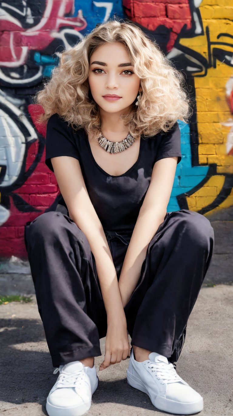 French girl,grey blonde hair(very long hair, curly_hair),hiphop dancer,wearing all black clothes (short sleeves loose fit top and cargo pants),sneakers, sitting at red brick wall(graffiti ),accessories(necklace,ear_rings),Best Quality, 32k, photorealistic, ultra-detailed, finely detailed, high resolution, perfect dynamic composition, beautiful detailed eyes, sharp-focus, cowboy_shot,,1girl, h4r