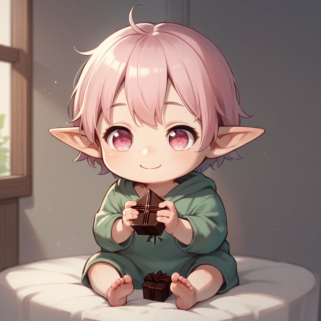 baby, solo, 1boy, score_9, smile, pink eyes, score_9_up, score_8_up, closed mouth, elf, 1girl, ling ears, holding chocolate