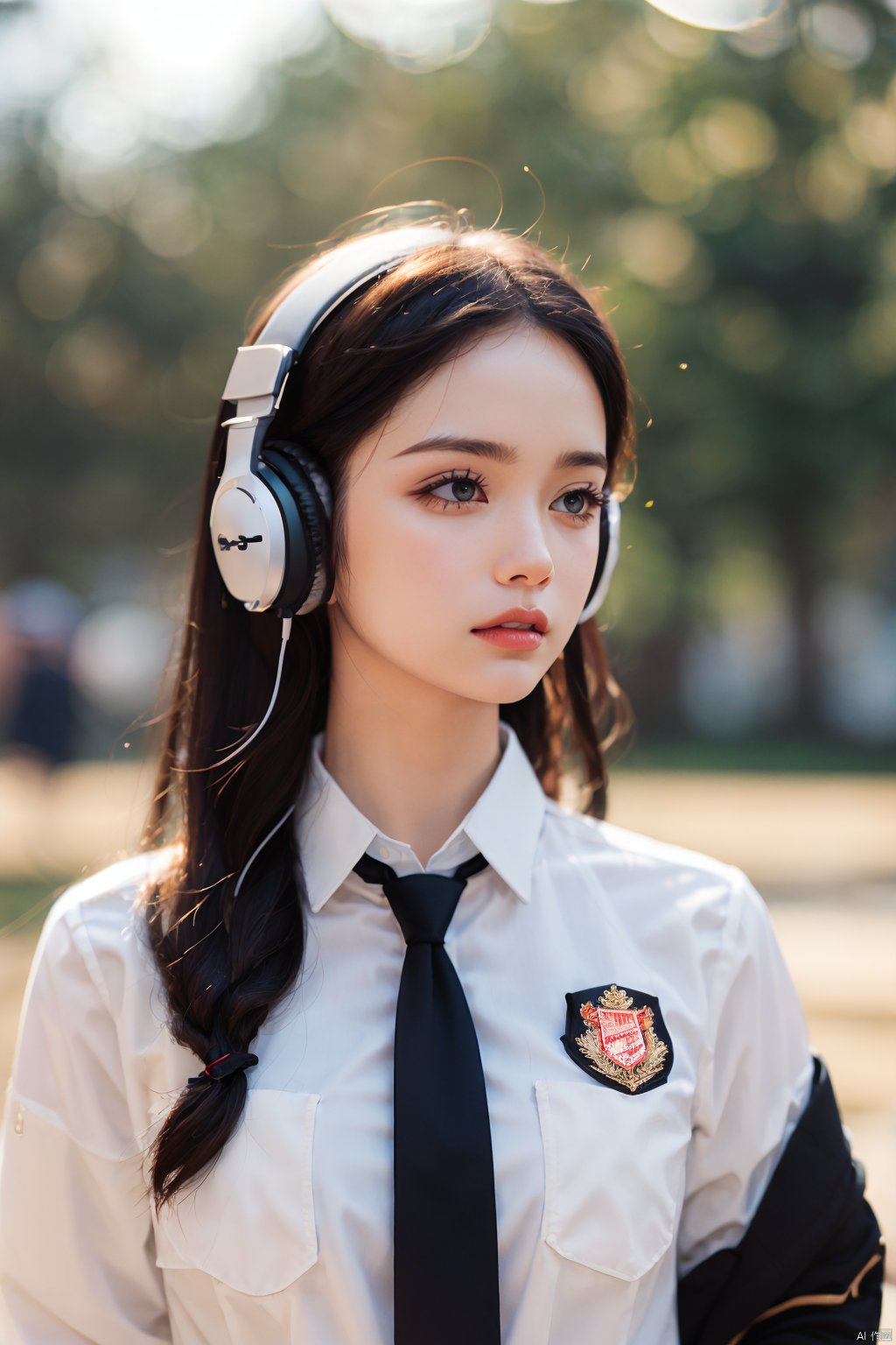 lj, 1girl, solo, necktie, headphones around neck, long hair, headphones, blurry background, blurry, realistic, school uniform, brown hair, shirt, jacket, upper body, red necktie, white shirt, black jacket, black hair, lips, looking to the side
Masterpiece, best quality, 8k resolution, absurd, extremely detailed, highly detailed,
Ray tracing, telephoto lenses, movie angles