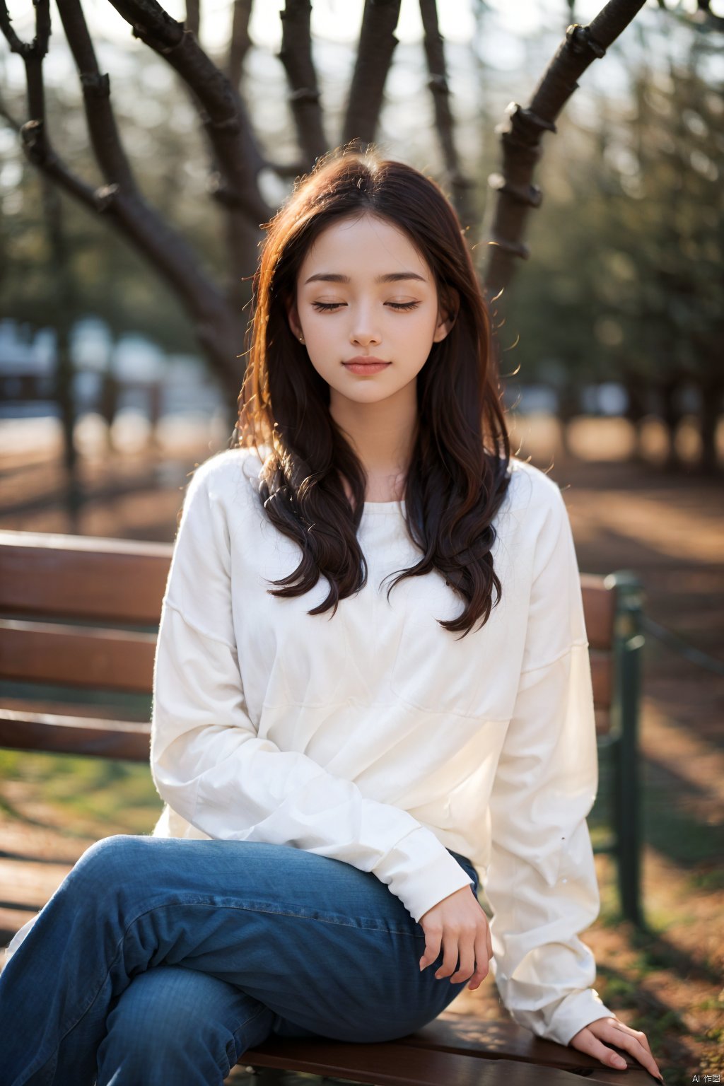 lj, 1girl, solo, realistic, sitting, long hair, outdoors, brown hair, shirt, tree, jeans, crossed legs, white shirt, long sleeves, smile, blurry, bench, closed eyes, photo background
Masterpiece, best quality, 8k resolution, absurd, extremely detailed, highly detailed,
Ray tracing, telephoto lenses, movie angles