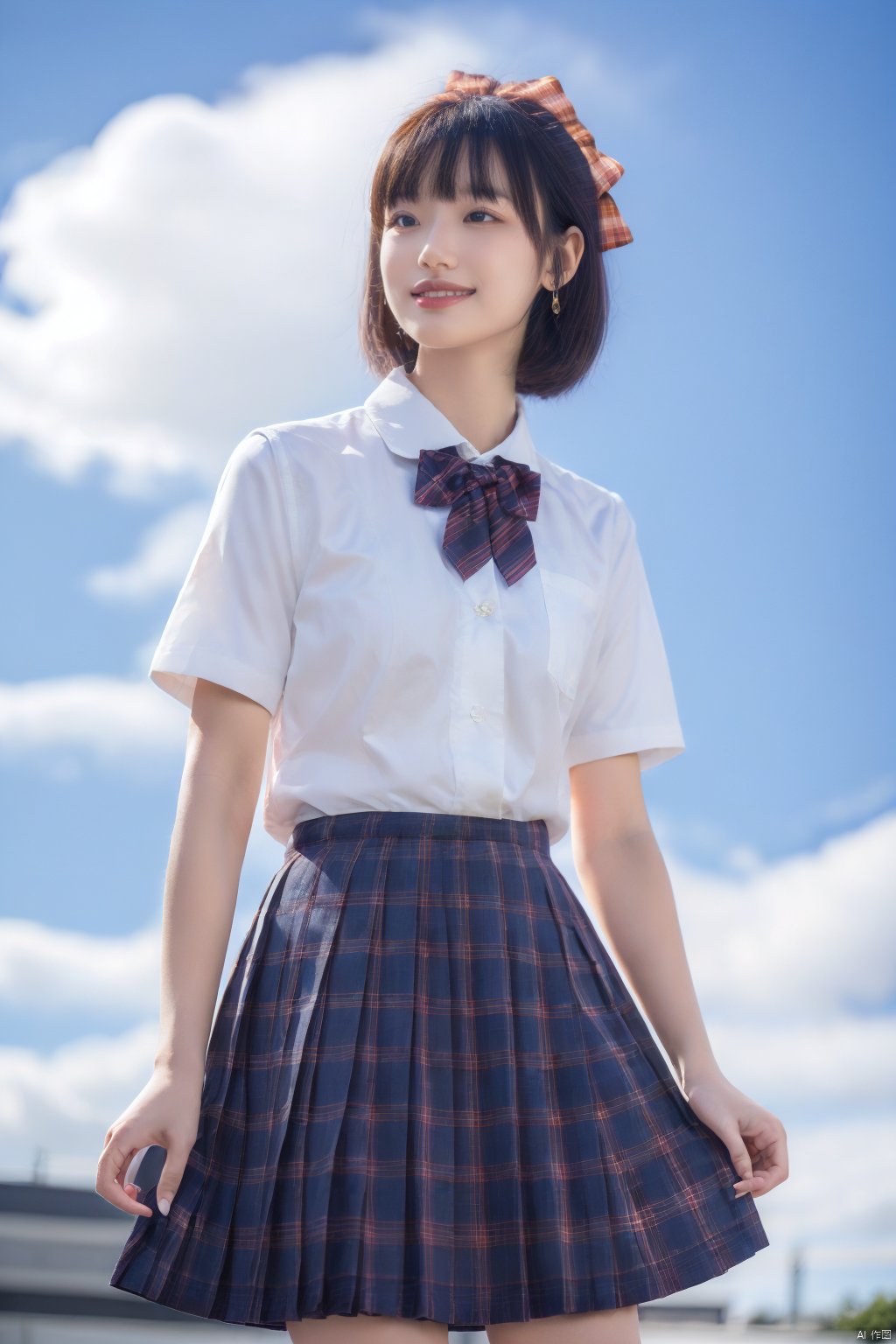 jk2, 1girl, solo, skirt, plaid, plaid skirt, short hair, sweater vest, bow, short sleeves, school uniform, black hair, sky, outdoors, day, shirt, holding, white shirt, bowtie, blurry, book, holding book, cloud, blurry background, blue sky, standing, head out of frame, collared shirt, arm up, orange bow, smile, plaid bow, pleated skirt