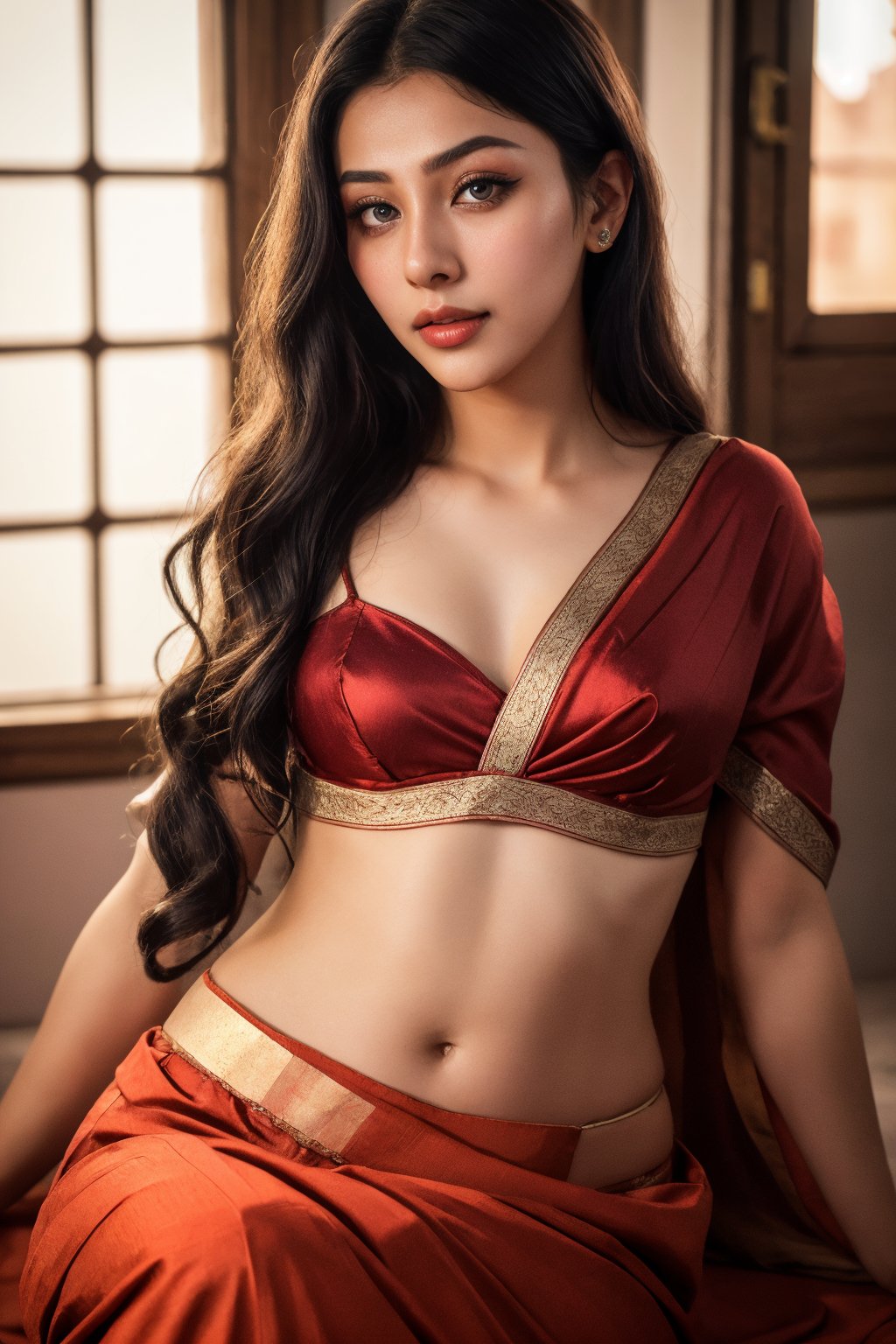 Raw photo of (18yo Kerala Beautiful young:1.1, (best quality, highres, ultra-detailed:1.2), This breathtaking photograph, shot on a Canon 1DX with a 50 mm f/2.8 lens, beautifully showcases the raw and authentic beauty of life. high resolution 8k image quality, vibrant colors, glowing dimond, glowing eyes, realistic Raw photo, realistic lighting, traditional Red saree,  exotic beauty, mesmerizing eyes ,Trans girl