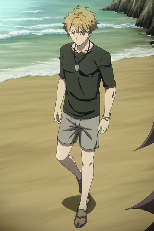 photorealistic, (4k), extremely detailed, hyper detailed, high resolution, professional photography, best quality, ((1boy)), solo, ((male focus)), easynegative, males, beach, Yamato Ishida, Black T-Shirt, candid photo, angry, anime, necklace, bracelet, muscular