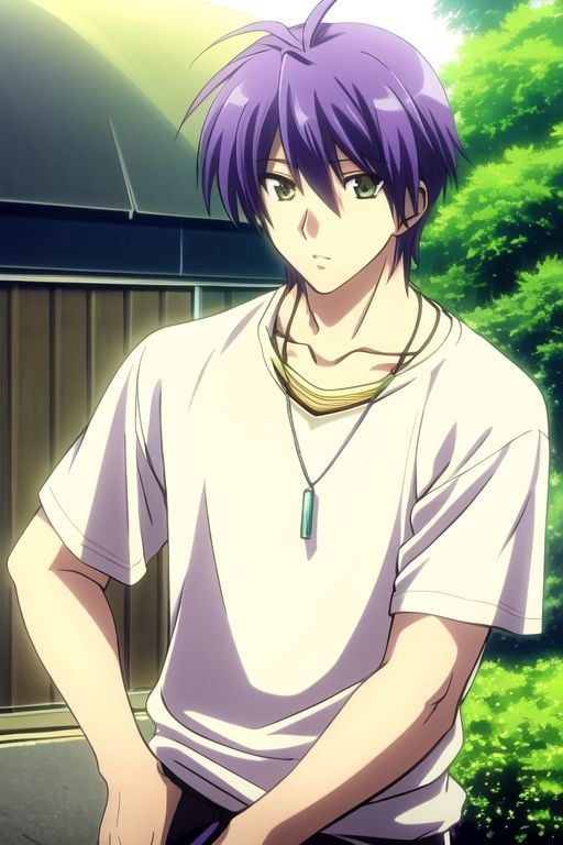 photorealistic, (4k), extremely detailed, hyper detailed, high resolution, necklace, professional photography, best quality, 1boy, solo, male focus, easynegative, outdoor, 3/4 body, casual, yellow eyeNegative prompt, Tomoya Okazaki, purple hair