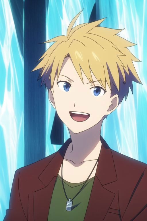 Yamato Ishida, masterpiece, best quality, (1boy), solo, male focus, High definition, Blonde hair, 4K, laughing, Necklace