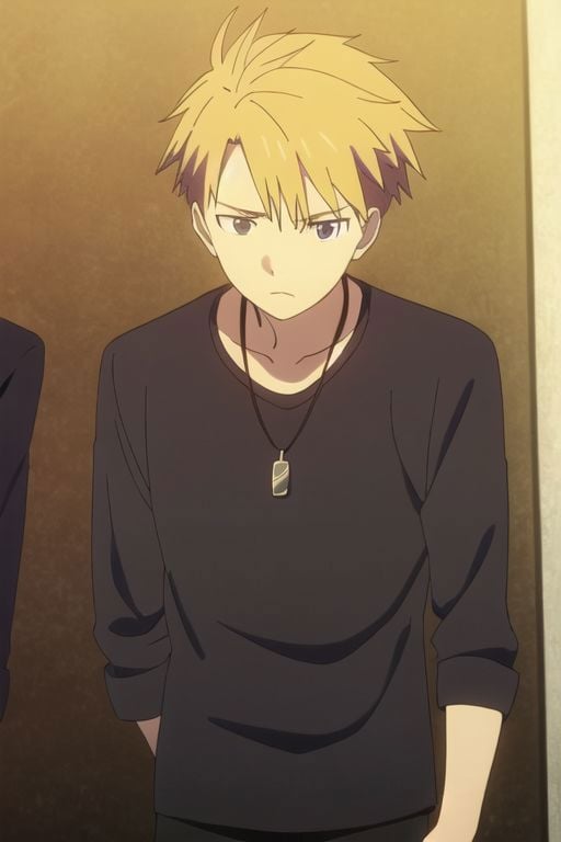 Yamato Ishida, masterpiece, best quality, (1boy), solo, male focus, High definition, Blonde hair, 4K, sad, looking down, Necklace