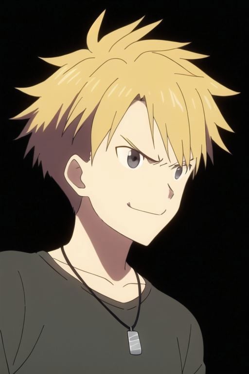 Yamato Ishida, masterpiece, best quality, (1boy), solo, male focus, photography, High definition, Blonde hair, 4K, shirt, dark grey background, passport_photo_style, >:), angry, smile, Necklace